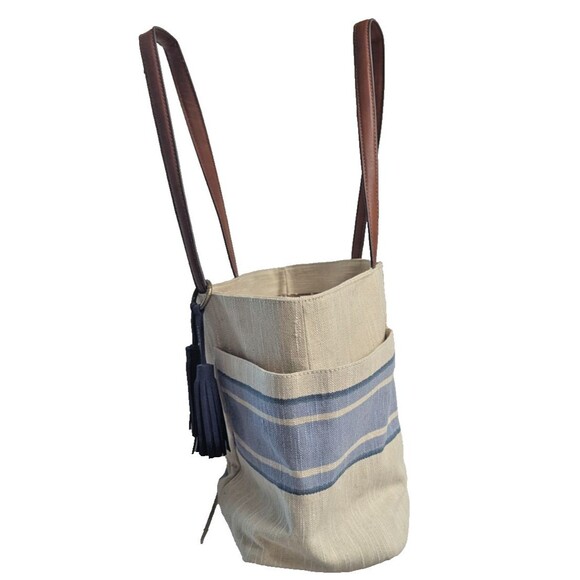 Lucky Brand Cora Fabric Tote Cream Blue Stripes Bohemian Tassel Leather Handles - Picture 6 of 10